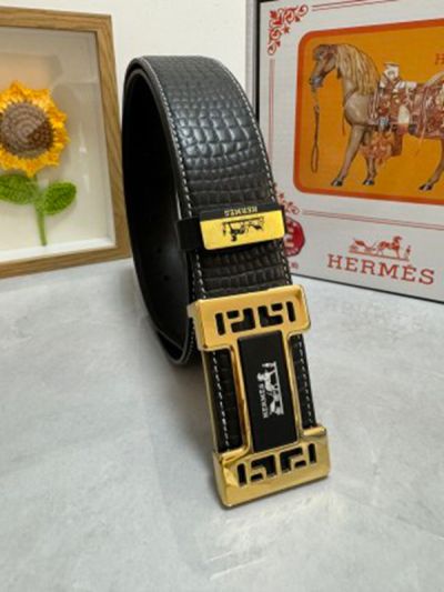 1:1  Hermes Black Leather Belt  with Gold"H" buckle Buckle with Hollow out Design3.8cm
